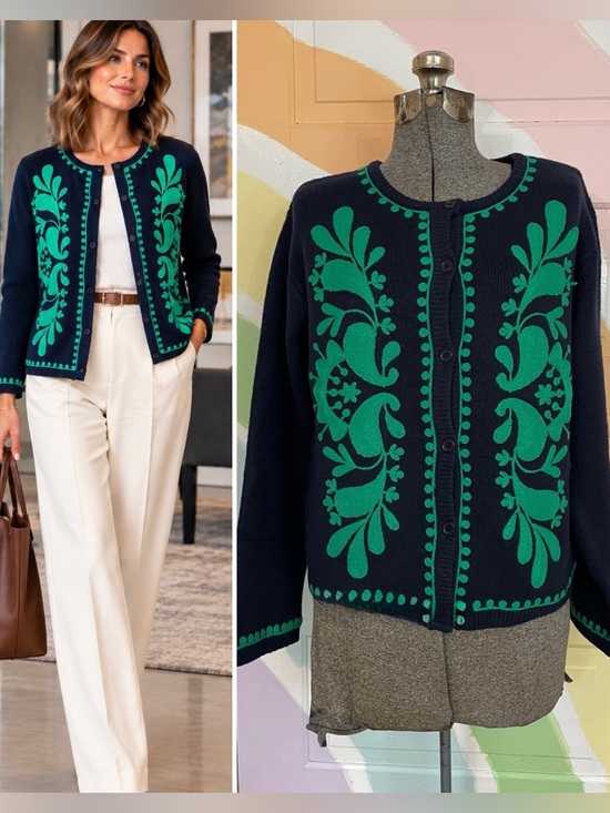 Strut & Bolt Sweaters - NWT Strut & Bolt Myra Navy Emerald Embroidered Knit Cardigan Jacket Sz S 🧡🎀